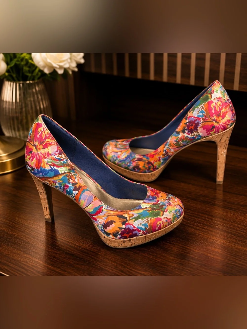 FIONI Clothing Multicolor Floral Cork Platform Pumps